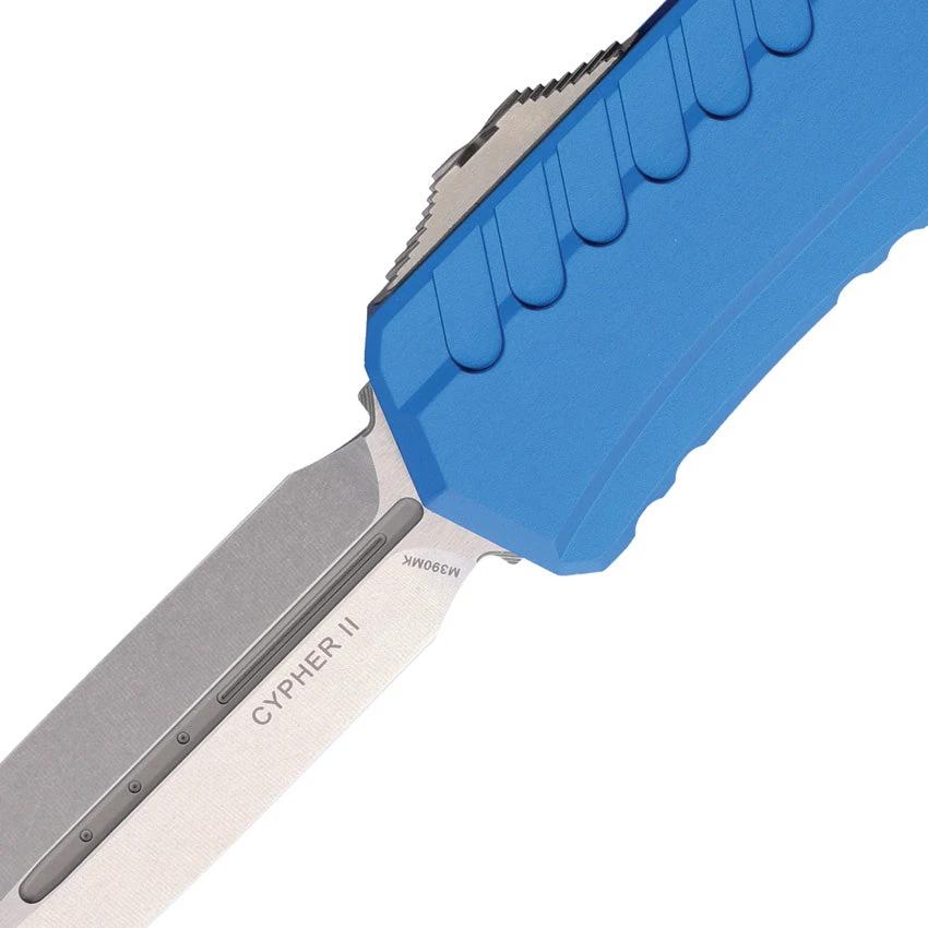 Microtech Cypher II D E OTF Auto Knife Blue Aluminum Handle 5 Inch Closed M390 Double Edge Dagger Blade For Collectors by Microtech