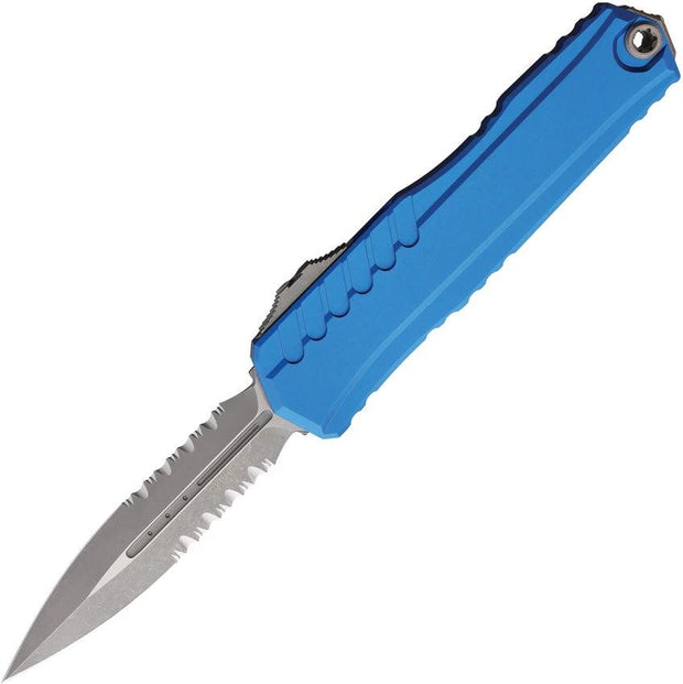 Microtech Cypher II Auto OTF Knife With Dagger Blade Apocalyptic Finish Partially Serrated Blue Aluminum Handle EDC by Microtech