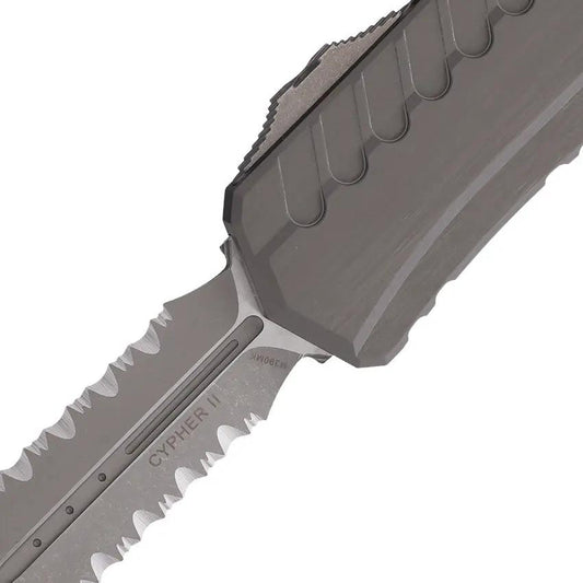 Microtech Automatic Cypher II Dual Edge OTF Knife Apocalyptic Finish M390 Blade Gray Aluminum For EDC Enthusiasts by Microtech