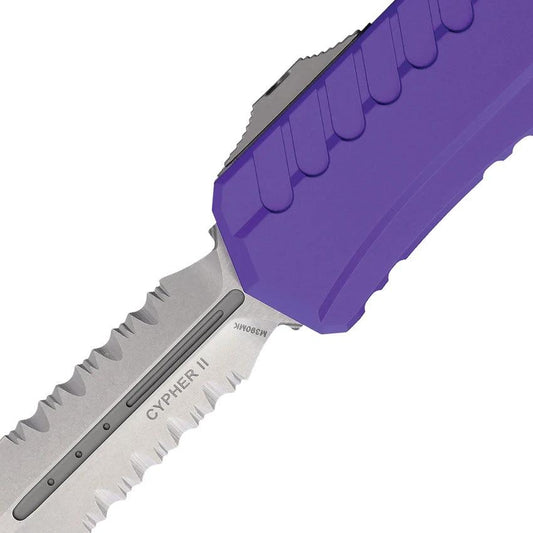 Microtech Auto Cypher II Knife Automatic Opening D/E Stonewash Serrated Blade Purple Aluminum Handle EDC Tactical by Microtech