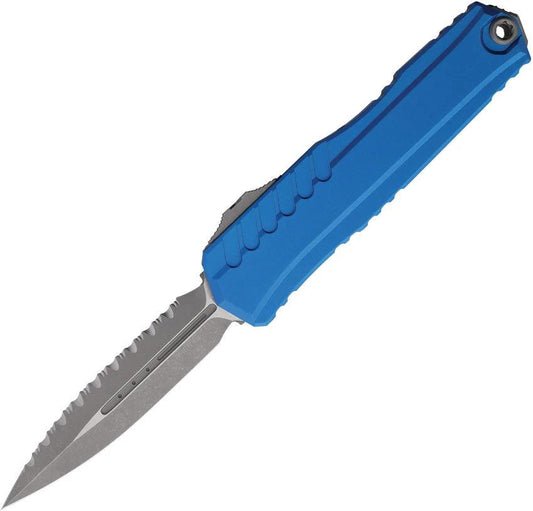 Microtech Auto Cypher II D E OTF Knife For Tactical EDC With Apocalyptic Finish Serrated Bohler M390MK Blue Handle by Microtech