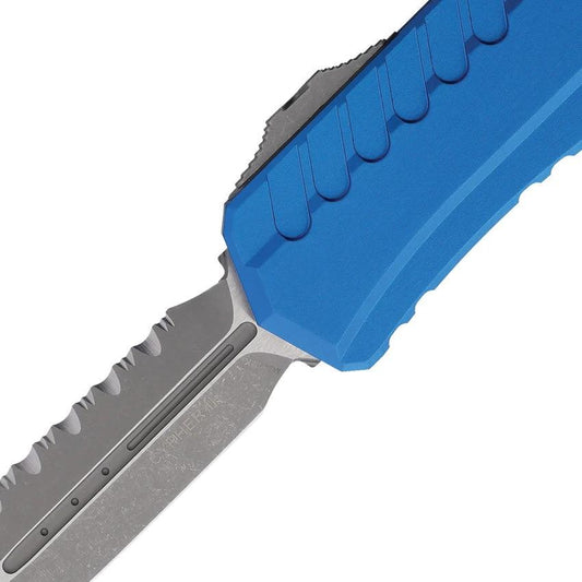 Microtech Auto Cypher II D E OTF Knife For Tactical EDC With Apocalyptic Finish Serrated Bohler M390MK Blue Handle by Microtech