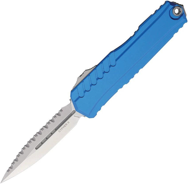 Microtech Cypher II D E OTF Knife Blue Aluminum Handle 5in Closed 3.5in Bohler M390MK Dagger Blade For Tactical Enthusiasts