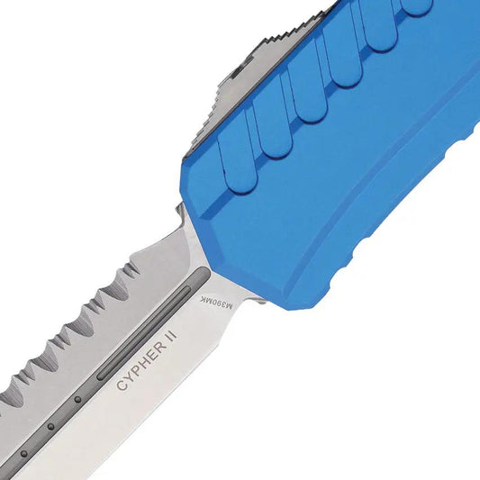 Microtech Cypher II D E OTF Knife Blue Aluminum Handle 5in Closed 3.5in Bohler M390MK Dagger Blade For Tactical Enthusiasts by Microtech