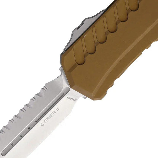 Microtech Auto Cypher II D/E OTF Knife Tactical Tan Aluminum Handle 3.5 Inch Dagger Blade M390MK by Microtech