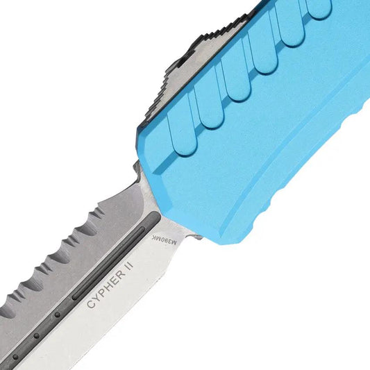 Microtech Auto Cypher II OTF Knife Double Edge Blade Turquoise Aluminum Handle For Tactical EDC Enthusiasts by Microtech