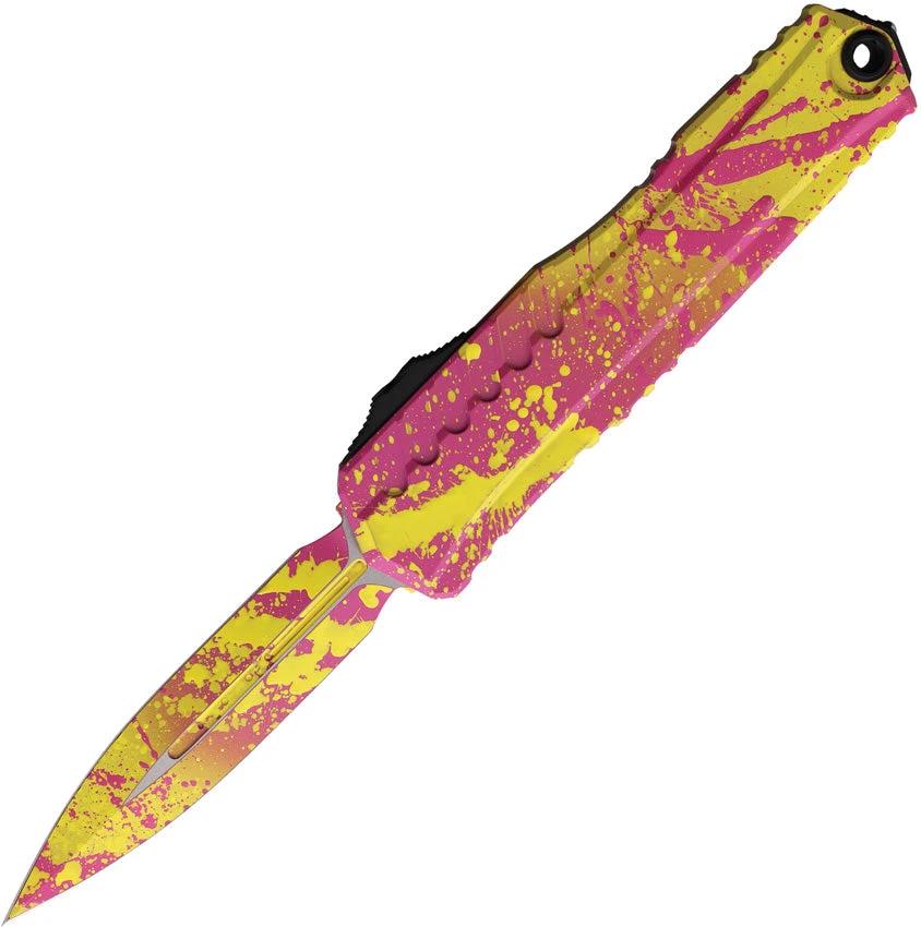 Microtech Auto Cypher II OTF Knife Corvette Yellow Pink Splatter Automatic Opening for EDC Enthusiasts by Microtech