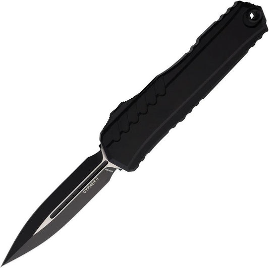 Microtech Auto Cypher II D E OTF Knife Automatic Opening Three Point Five Inch M390 Dagger Blade Black Al Handle EDC