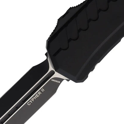 Microtech Auto Cypher II D E OTF Knife Automatic Opening Three Point Five Inch M390 Dagger Blade Black Al Handle EDC by Microtech