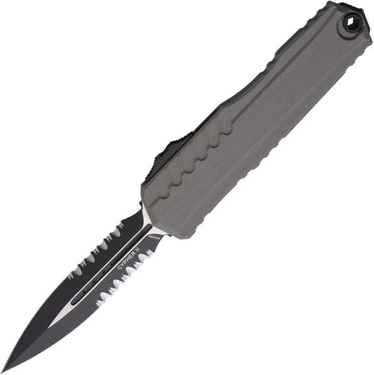 Microtech Auto Cypher II Automatic Opening OTF Knife 3.5in Dagger Blade Bohler M390MK Gray Aluminum For Tactical Pros