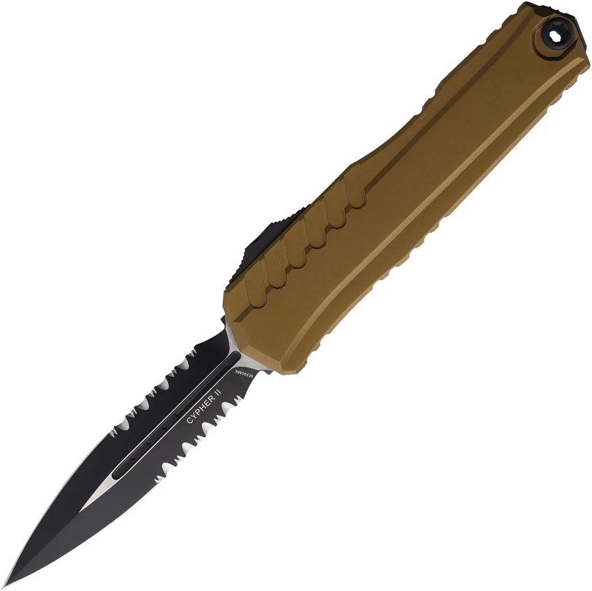 Microtech Auto Cypher II OTF Knife Partially Serrated 3.5 Inch Dagger Blade Durable Tan Aluminum EDC Enthusiasts