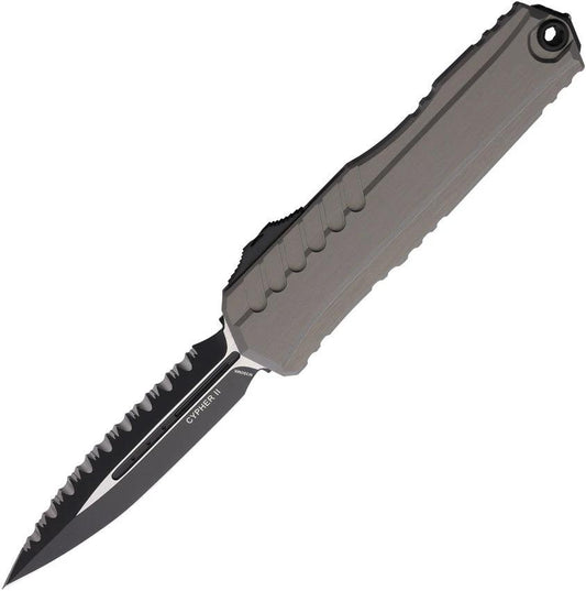 Microtech Auto Cypher II OTF Knife DE Blade M390MK Serrated Dagger Gray Aluminum Handle Glass Breaker EDC Tactical