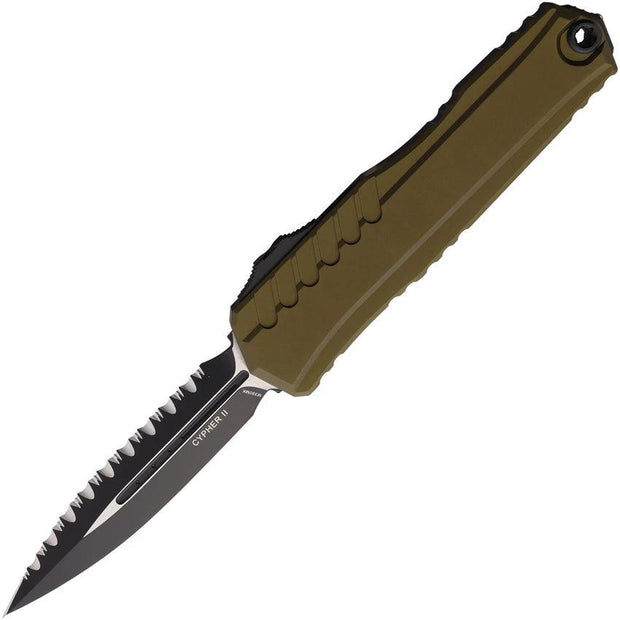 Microtech Cypher II Auto OTF Knife 3.5in Blade M390 OD Green Aluminum Handle For EDC Enthusiasts Pocket Clip