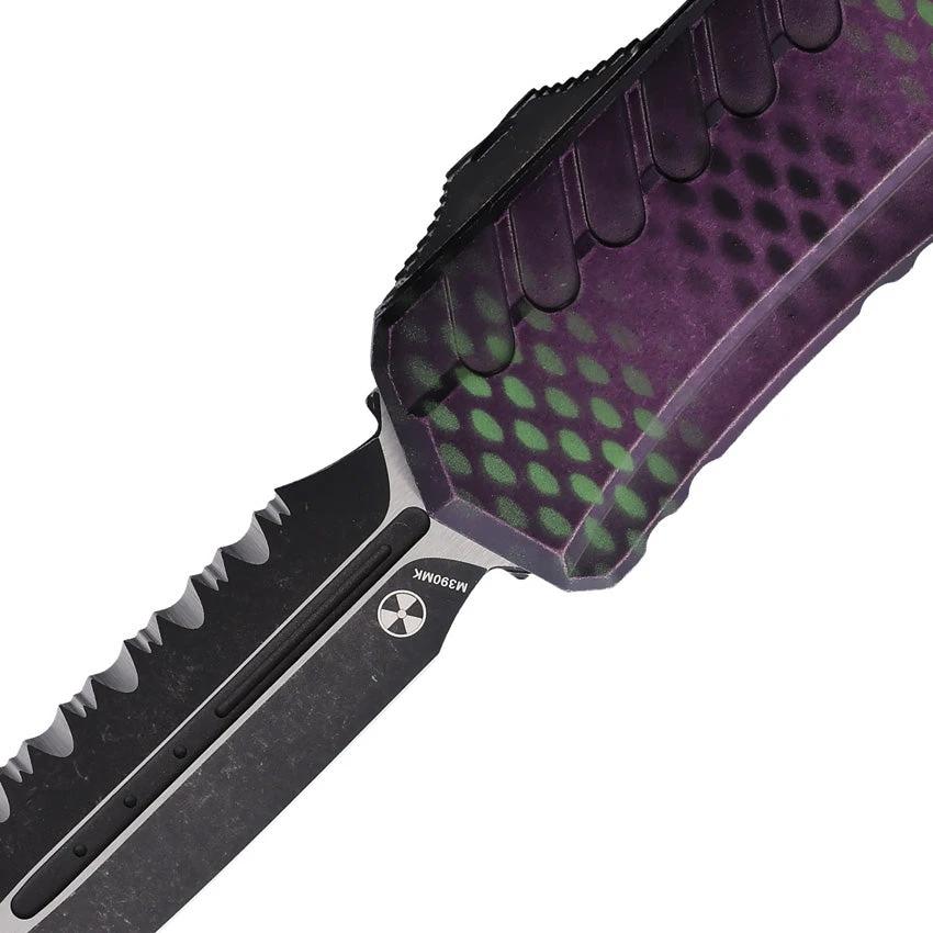 Microtech Auto Cypher II OTF Automatic Opening Dual Edge Knife 5in Closed Purple X51 Handle For Collectors by Microtech