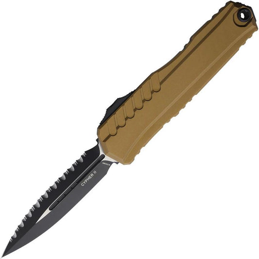 Microtech Auto Cypher II OTF Knife 5 Inch Closed 3.5 Inch Premium M390 DE Dagger Blade Tan Aluminum For EDC Fans by Microtech