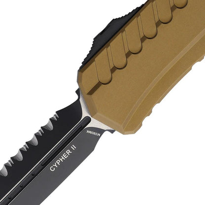 Microtech Auto Cypher II OTF Knife 5 Inch Closed 3.5 Inch Premium M390 DE Dagger Blade Tan Aluminum For EDC Fans by Microtech