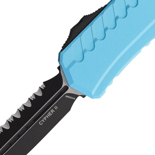 Microtech Auto Cypher II OTF Knife Automatic Opening Turquoise Aluminum Handle M390 Serrated Blade For EDC Enthusiasts by Microtech