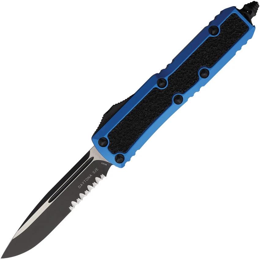 Microtech Auto Daytona SE OTF Knife Tactical Blue Aluminum Handle Partially Serrated Blade Glass Breaker Lanyard Hole