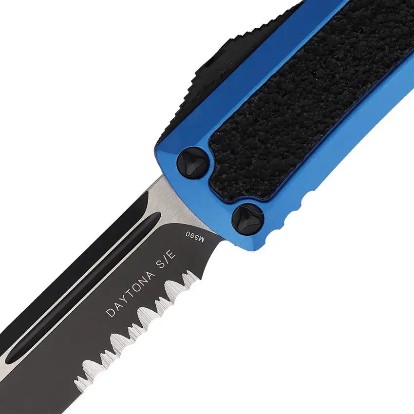 Microtech Auto Daytona SE OTF Knife Tactical Blue Aluminum Handle Partially Serrated Blade Glass Breaker Lanyard Hole by Microtech