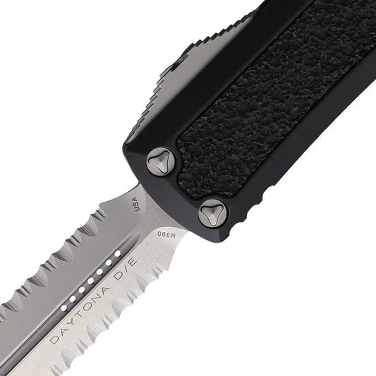 Microtech Auto Daytona Double Edge OTF Knife For EDC Enthusiasts With Stonewashed Blade And Black Aluminum Handle by Microtech