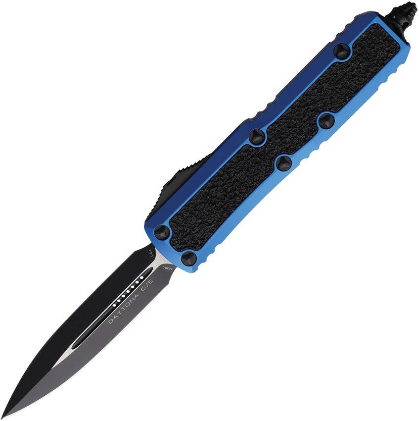 Microtech Auto Daytona DE OTF Knife Automatic Opening Blue Aluminum Handle With Carbon Fiber Inlay For EDC Enthusiasts by Microtech