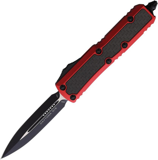 Microtech UTX 85 Daytona OTF Auto Knife For EDC Enthusiasts With Red Aluminum Handle Carbon Fiber Inlay Glass Breaker