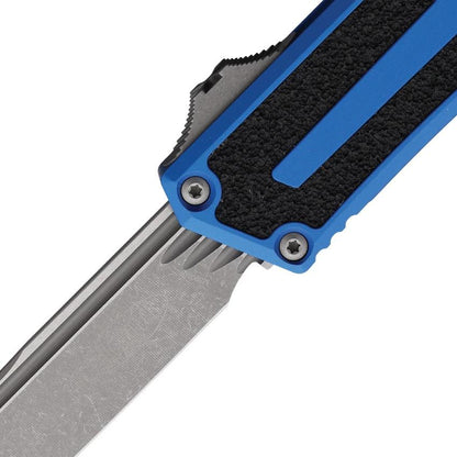 Microtech Auto Scarab II OTF Knife For EDC Enthusiasts With Apocalyptic M390 Blade Blue Aluminum Handle Glass Breaker by Microtech