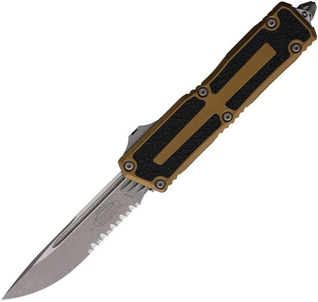 Microtech Scarab II OTF Automatic Knife for EDC Partially Serrated Apocalyptic Finish Tan Aluminum