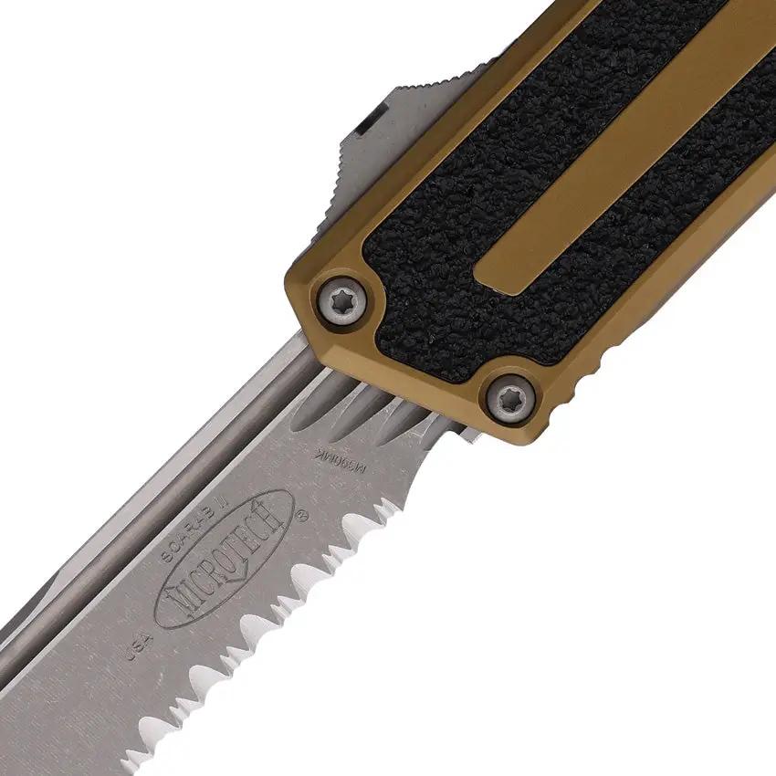 Microtech Scarab II OTF Automatic Knife for EDC Partially Serrated Apocalyptic Finish Tan Aluminum by Microtech