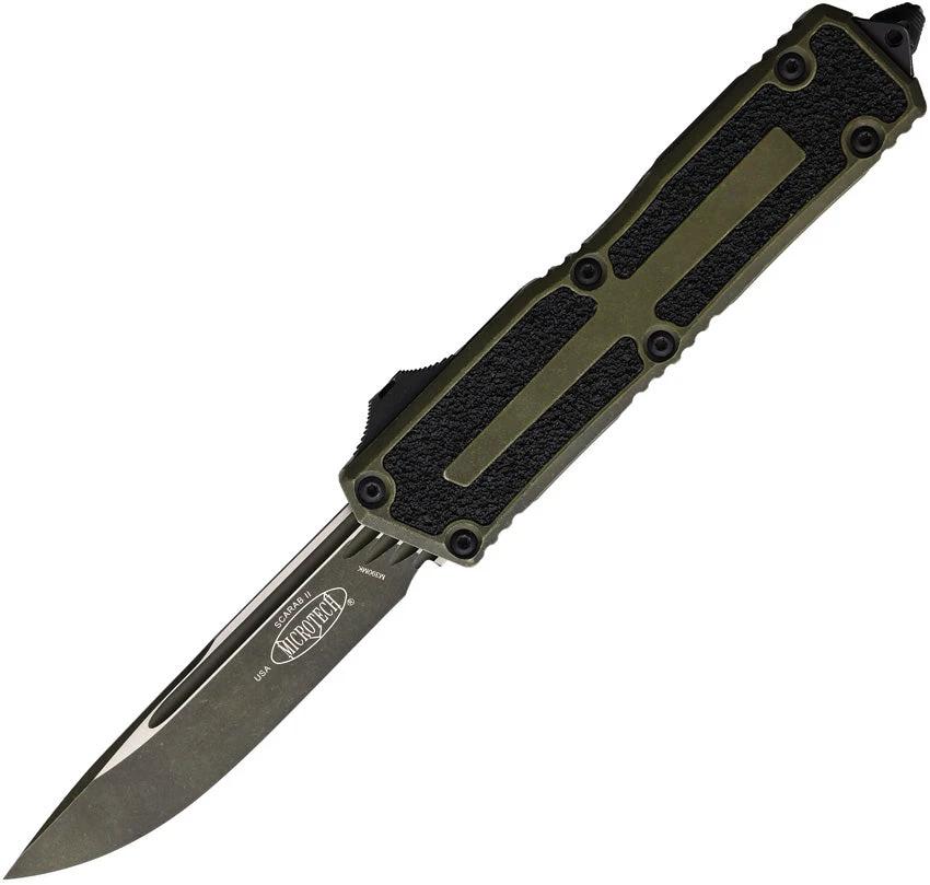 Microtech Auto Scarab II OTF Knife With M390MK Blade Glass Breaker Tactical EDC Weathered Grenade Green by Microtech