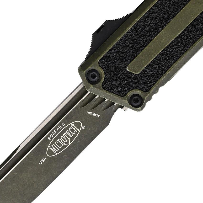 Microtech Auto Scarab II OTF Knife With M390MK Blade Glass Breaker Tactical EDC Weathered Grenade Green by Microtech