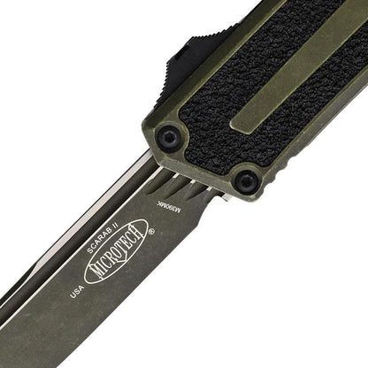 Microtech Auto Scarab II OTF Knife With M390MK Blade Glass Breaker Tactical EDC Weathered Grenade Green by Microtech