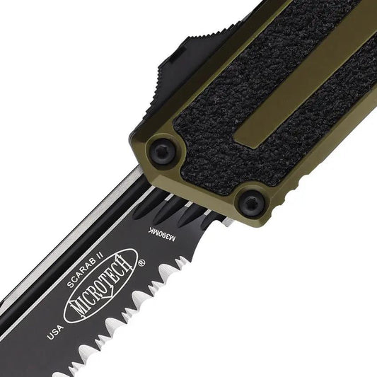 Microtech Scarab II OTF Automatic Knife For EDC Enthusiasts Partially Serrated 3.9in Blade OD Green Aluminum by Microtech