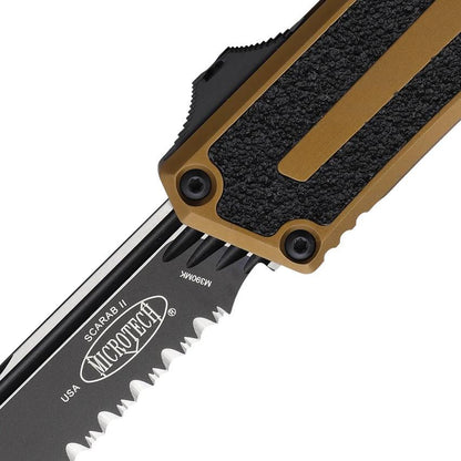 Microtech Auto Scarab II OTF Knife Automatic Opening 3.9in M390 Serrated Blade Tan Aluminum Handle for Tactical EDC by Microtech