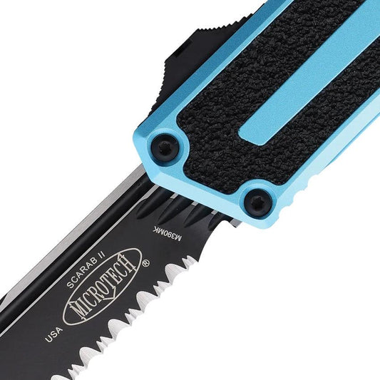 Microtech Scarab II OTF Auto Knife EDC Turquoise Aluminum Handle Partially Serrated M390MK Blade Glass Breaker Clip by Microtech