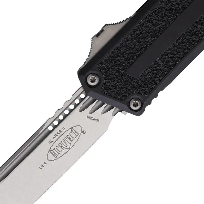 Microtech Auto Scarab II OTF Knife Auto Opening 5.75in Closed Black Aluminum Handle M390MK Blade Glass Breaker Tactical by Microtech