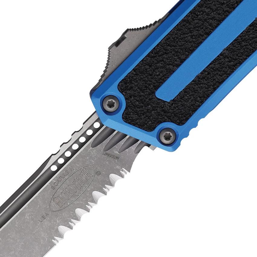 Microtech Auto Scarab II OTF Premium Knife With M390 Blade Glass Breaker Blue Aluminum Handle For Collectors by Microtech