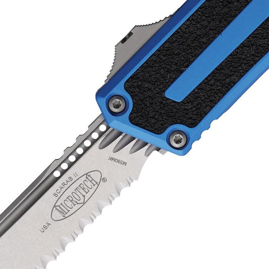 Microtech Auto Scarab II OTF Knife M390 Blade Blue Aluminum Handle Glass Breaker EDC Tactical Fans by Microtech