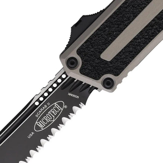 Microtech Auto Scarab II OTF Knife Auto Opening Gray Aluminum Handle Tactical EDC 5.75 Inch Closed 3.9 Inch M390 Tanto by Microtech