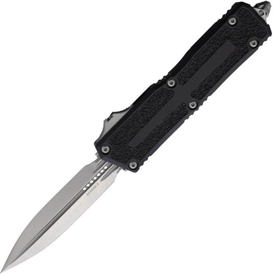 Microtech Auto Scarab II OTF Knife For Tactical EDC Premium Stonewash Dagger Blade Black Aluminum Handle Glass Breaker