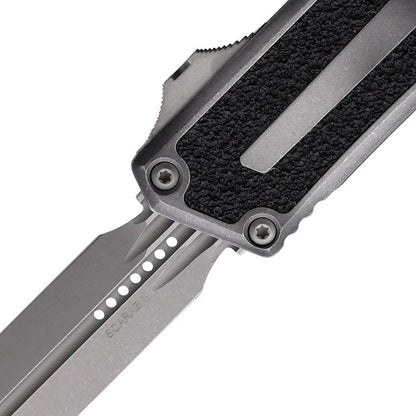 Microtech Scarab II OTF Auto Knife Dual Edge Gen III With Apocalyptic Finish 5.75 Inch Closed Aluminum Handle Glass Breaker For Tactical EDC by Microtech