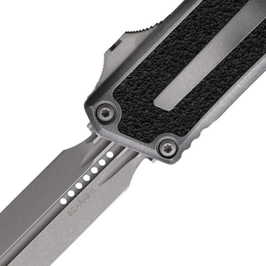 Microtech Scarab II OTF Auto Knife Dual Edge Gen III With Apocalyptic Finish 5.75 Inch Closed Aluminum Handle Glass Breaker For Tactical EDC by Microtech
