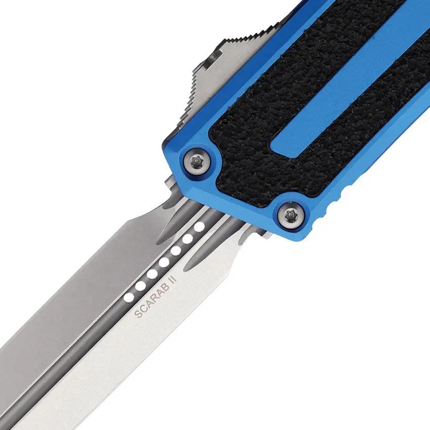 Microtech Auto Scarab II OTF Knife for EDC Enthusiasts, Automatic Opening, 3.9in M390 Blade, Blue Aluminum by Microtech