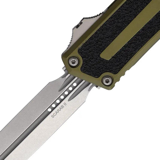 Microtech Scarab II OTF Auto Knife Gen III 1280 10OD With Automatic Opening Glass Breaker OD Green Handle For EDC by Microtech