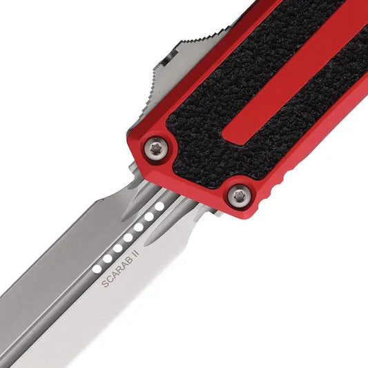 Microtech Auto Scarab II OTF Gen III DE 1280 10RD M390 Blade Red Aluminum Handle Glass Breaker Lanyard For Enthusiasts by Microtech