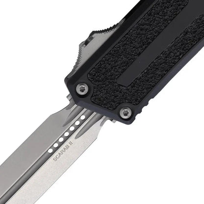 Microtech Auto Scarab II OTF Knife For Tactical EDC Premium Stonewash Dagger Blade Black Aluminum Handle Glass Breaker by Microtech