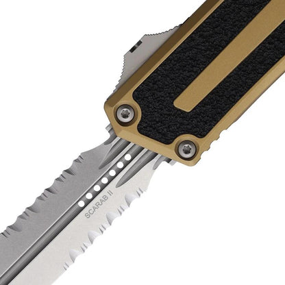 Microtech Auto Scarab II OTF Knife Gen III 3.9 Inch M390MK Blade Tan Aluminum Handle Glass Breaker For EDC Enthusiasts by Microtech
