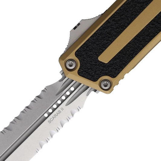 Microtech Auto Scarab II OTF Knife Gen III 3.9 Inch M390MK Blade Tan Aluminum Handle Glass Breaker For EDC Enthusiasts by Microtech