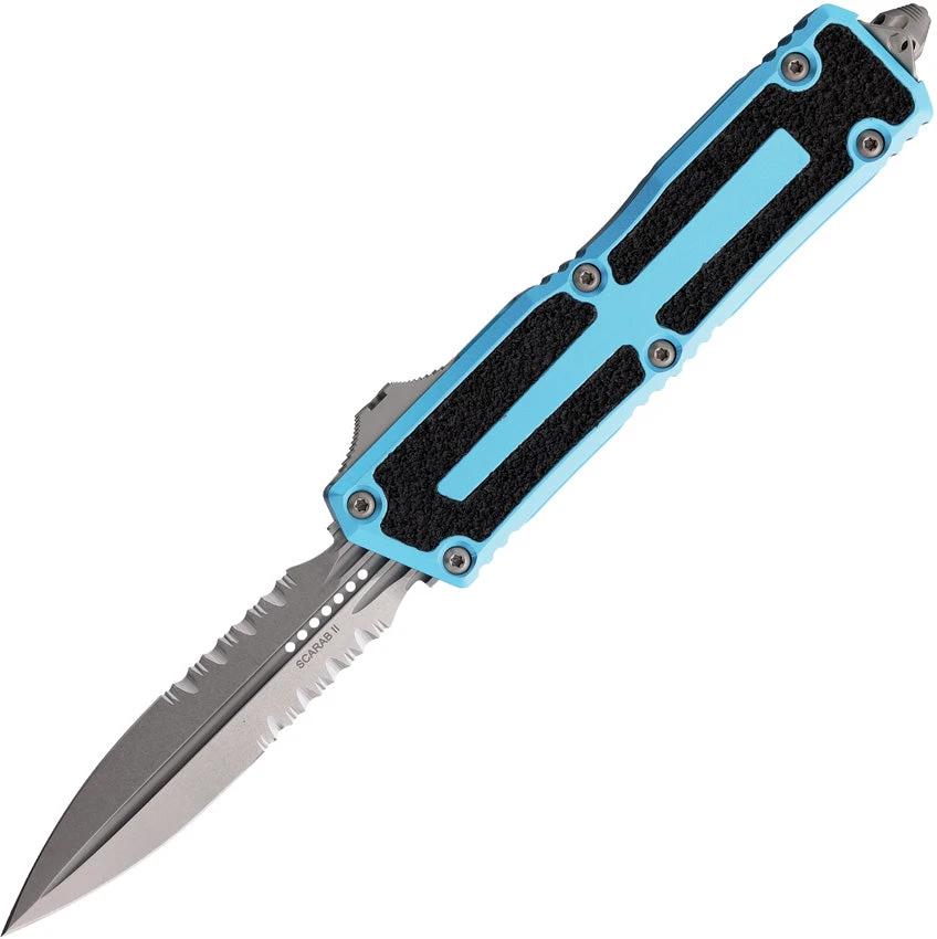 Microtech Auto Scarab II OTF Knife Gen III 1280-11TQ Turquoise Aluminum Handle M390MK Blade Double Edge EDC Tactical by Microtech