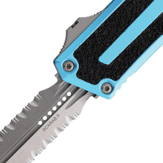 Microtech Auto Scarab II OTF Knife Gen III 1280-11TQ Turquoise Aluminum Handle M390MK Blade Double Edge EDC Tactical by Microtech
